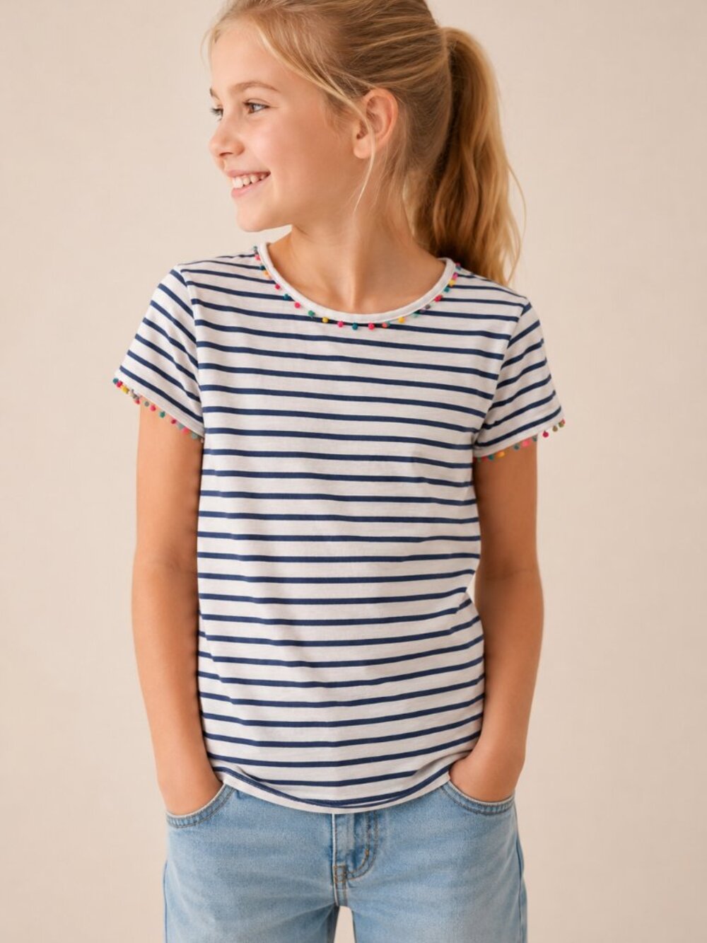 Boden Nautical Navy White Stripe Short Sleeve Top pom pom trim size 11-12